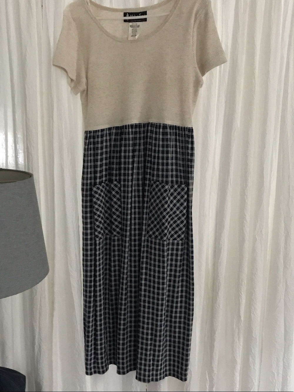 Cream Top Blue Plaid Midi Dress